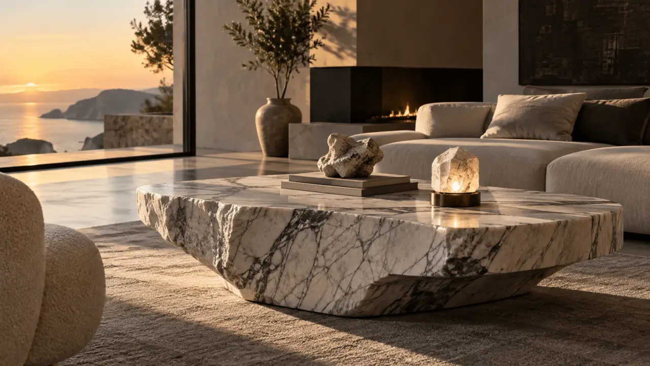 Table en marbre massif dans un intérieur contemporain et raffiné