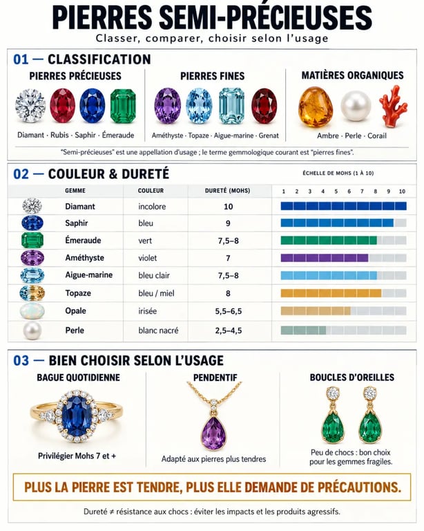Infographie sur les pierres semi-précieuses, leur couleur, leur dureté et leurs usages en bijouterie