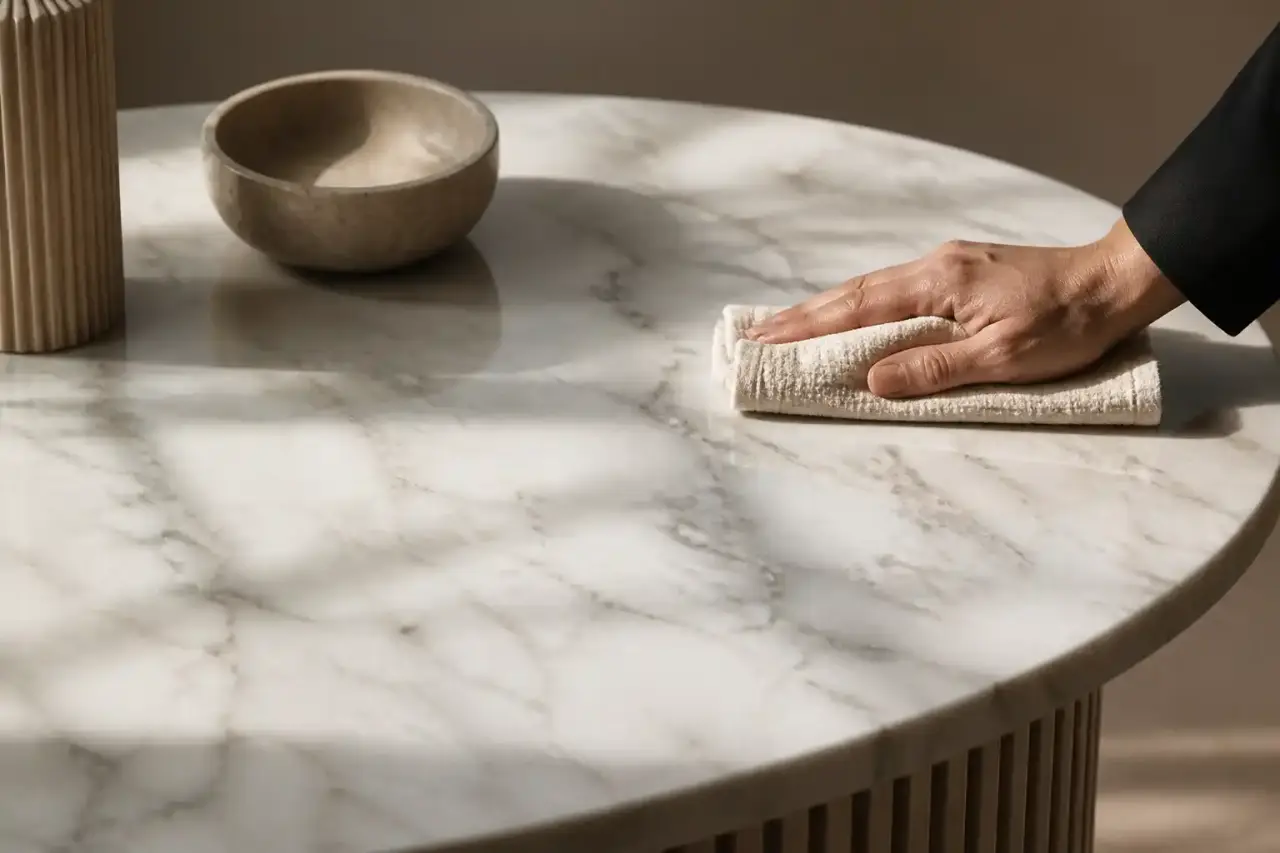 Table en marbre massif polie dans un intérieur luxueux