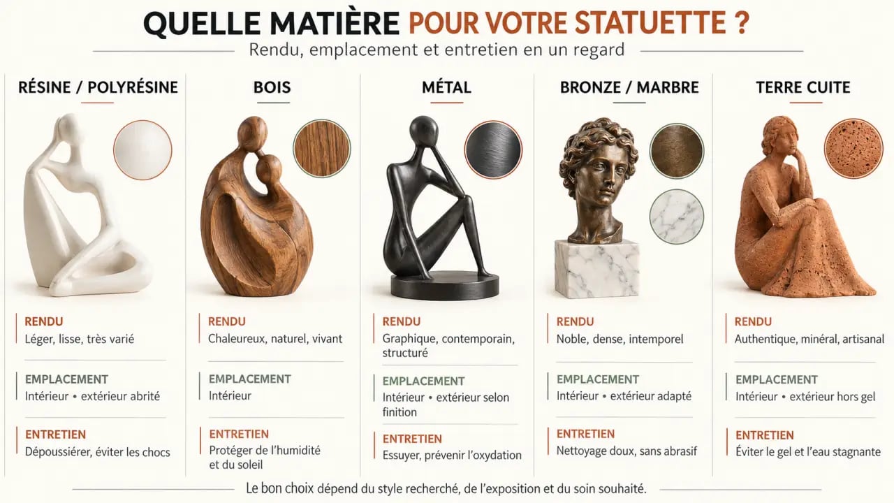 Statuette decoration : infographie comparative des matières, usages et conseils d’entretien