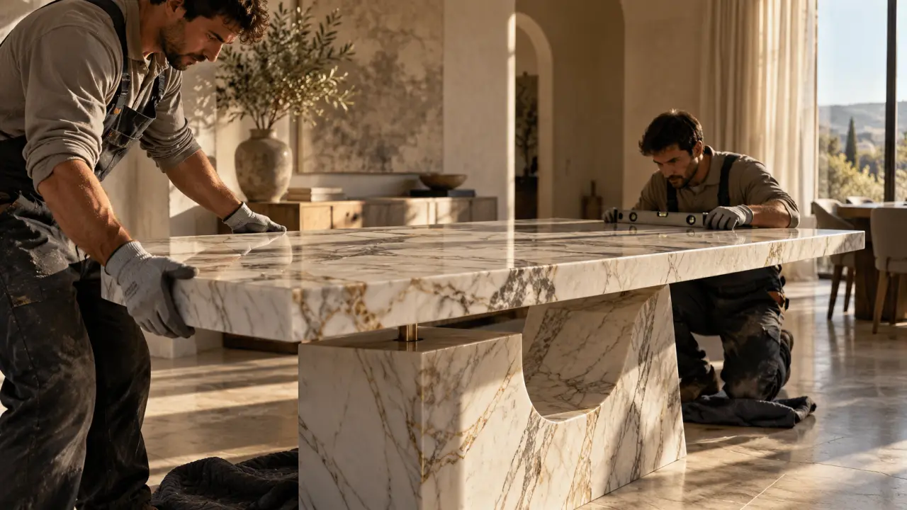 Table en marbre massif dans un intérieur contemporain et lumineux
