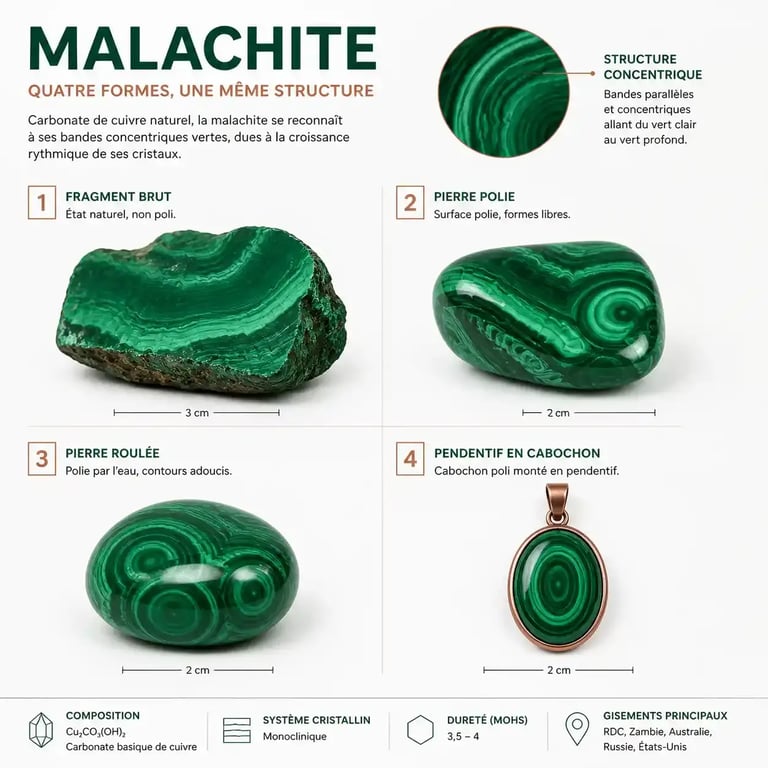 Malachite pierre brute, polie, roulée et montée en pendentif