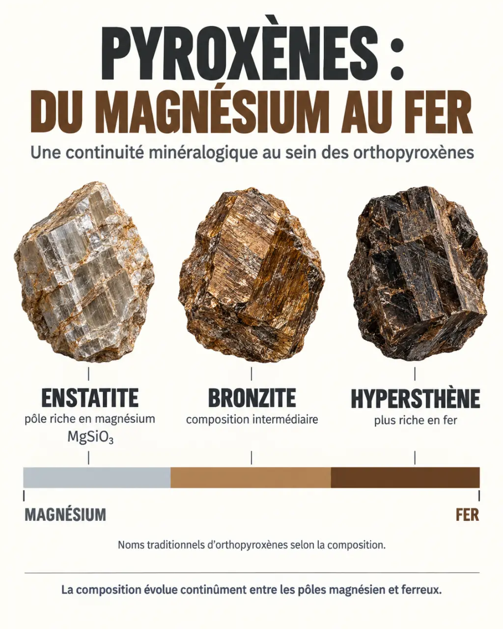 Infographie sur la relation entre bronzite, enstatite et hypersthène