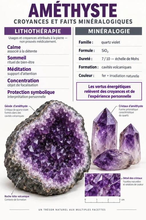 Infographie sur les vertus de l’améthyste, distinguant croyances de lithothérapie et faits minéralogiques