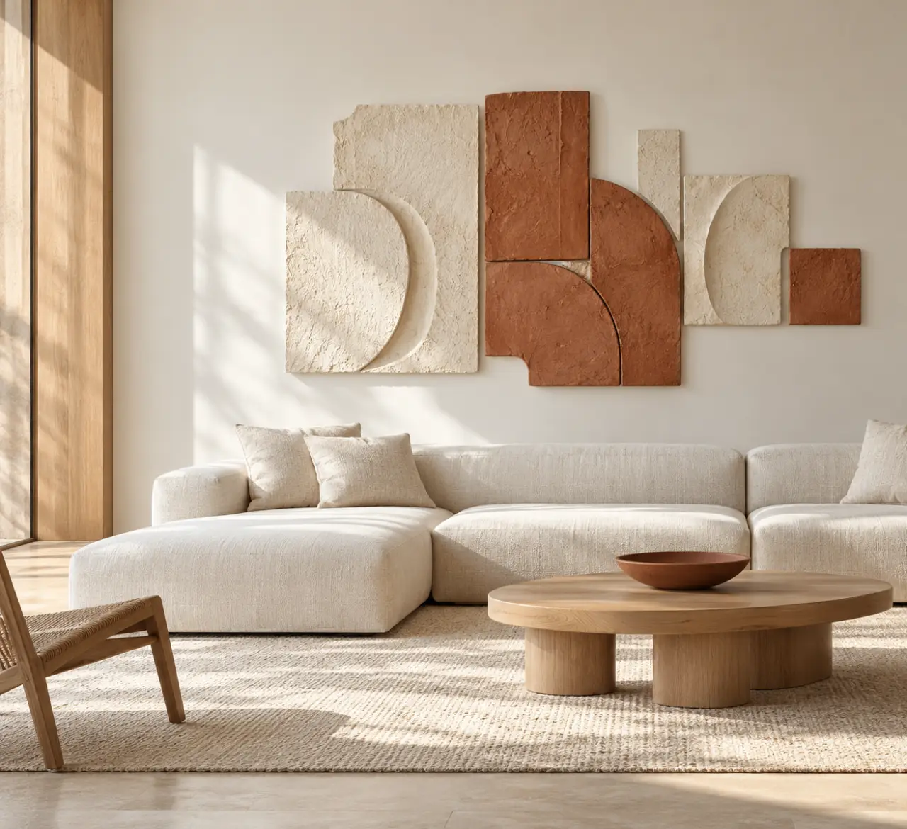 Décoration murale originale avec une sculpture texturée au-dessus d’un canapé