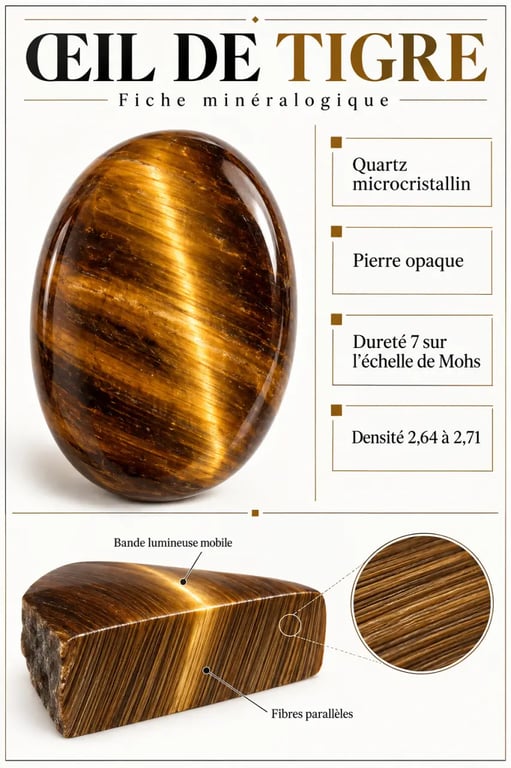 Infographie sur la pierre œil de tigre, sa chatoyance, sa dureté et sa densité