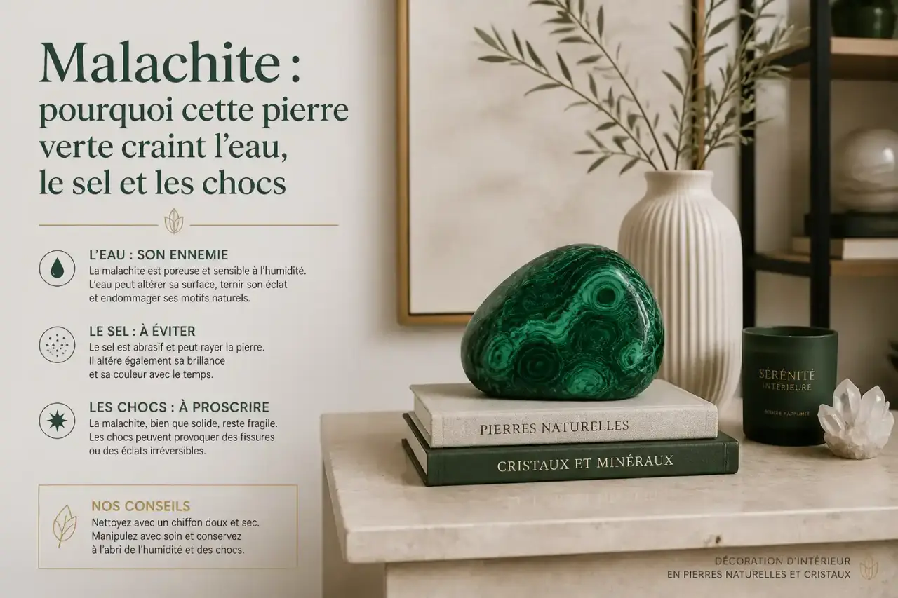 Malachite : pourquoi cette pierre verte craint l'eau, le sel et les chocs