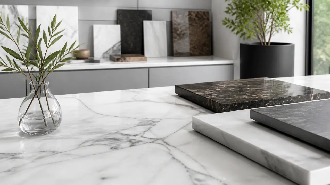 Table majestueuse en marbre de Carrare massif dans un intérieur luxueux