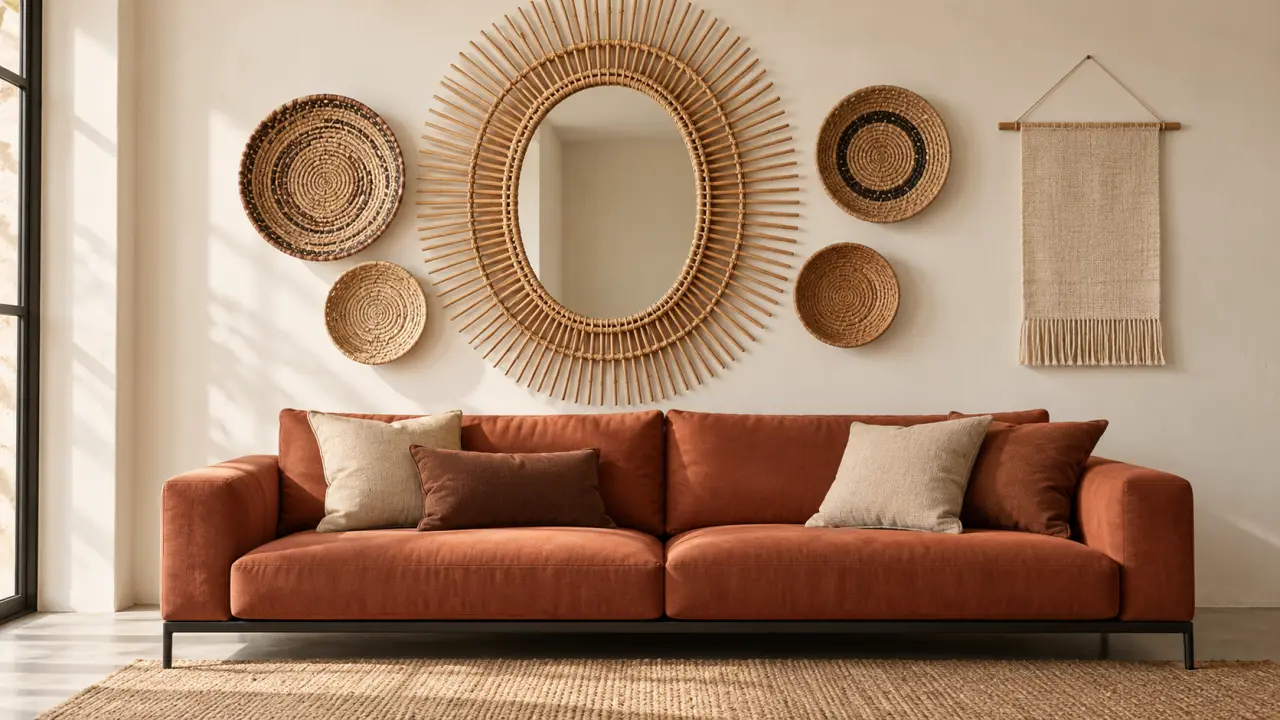 Exemple de deco murale boheme avec miroir en rotin, paniers tressés et tenture au-dessus d’un canapé