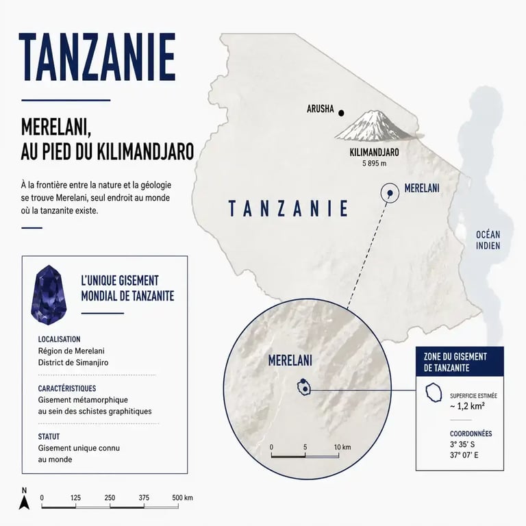 Carte du gisement de tanzanite pierre à Merelani en Tanzanie