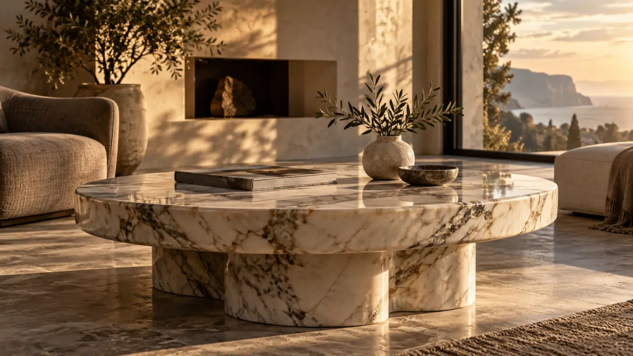 Table en marbre massif dans un intérieur contemporain