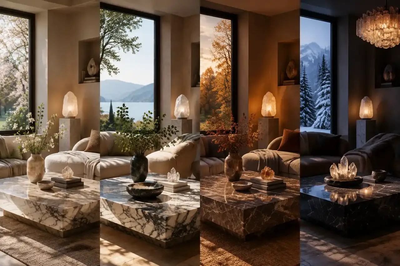 Intérieur élégant mettant en scène une table en pierre naturelle et des luminaires chaleureux