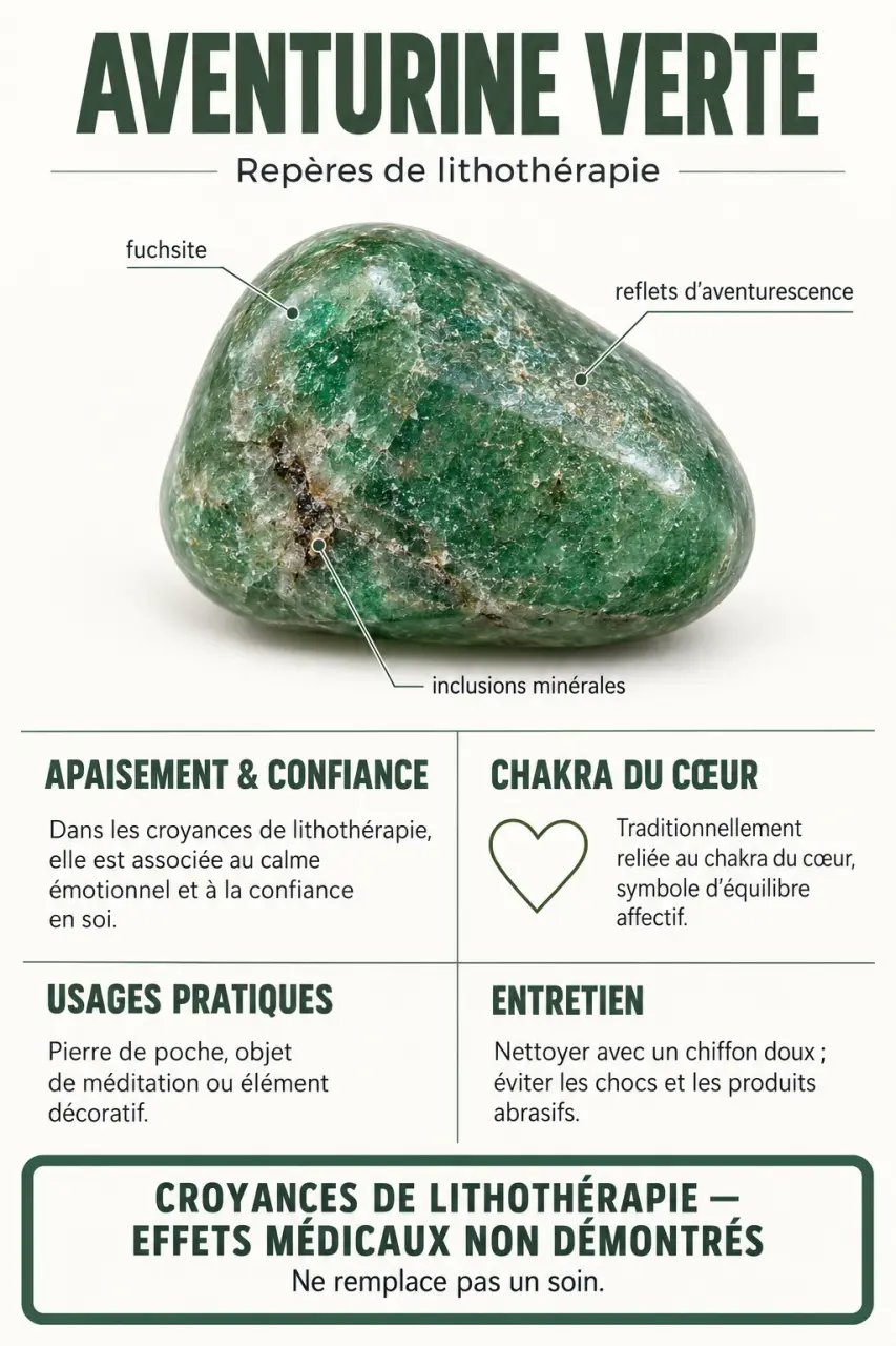 Infographie sur les vertus de l’aventurine verte, ses symboles, ses usages et les précautions à connaître