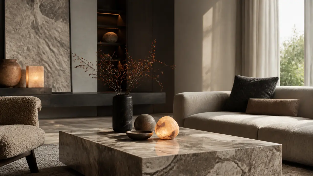 Intérieur chic avec pierre naturelle, marbre et lumières minérales