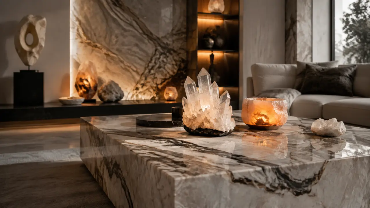 Séjour luxueux avec table en marbre et lampes en cristal