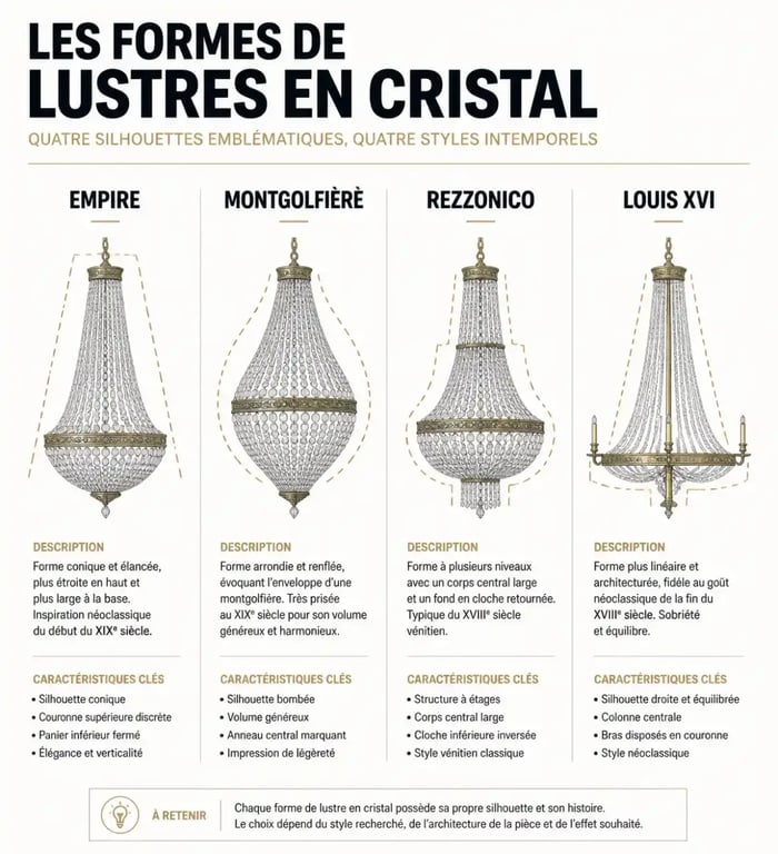 Comparatif des styles de lustres en cristal : Empire, Montgolfière, Rezzonico et Louis XVI