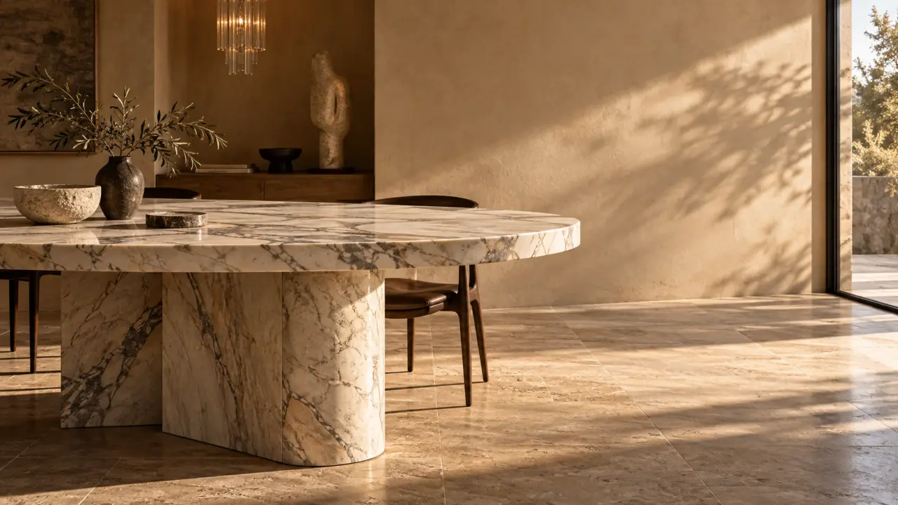 Table en marbre massif dans un intérieur contemporain et chaleureux