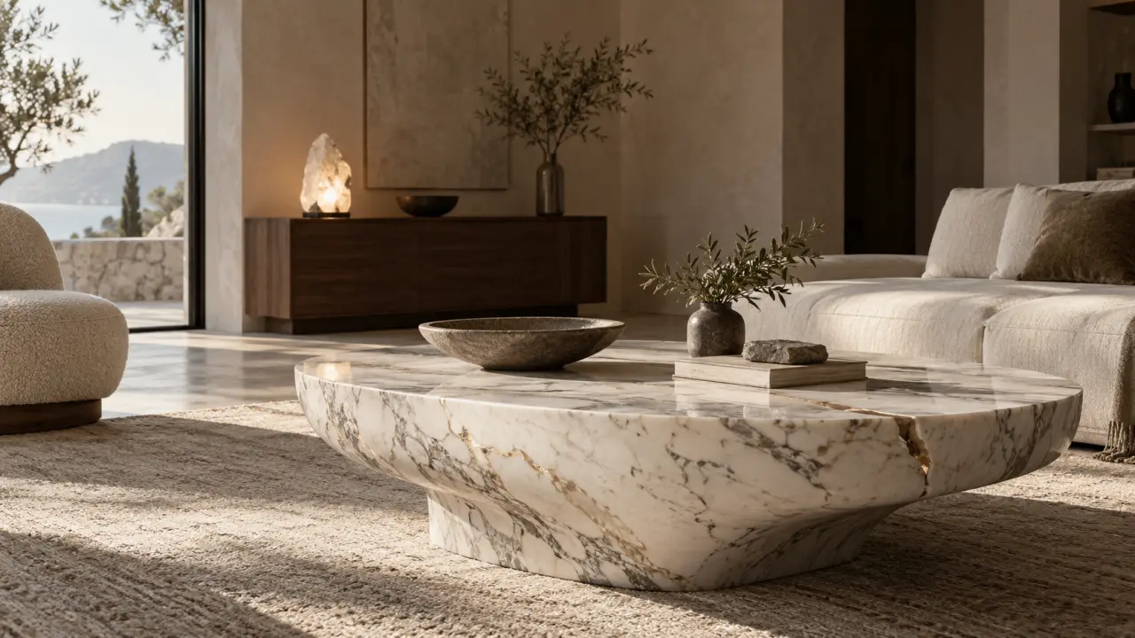 Table en marbre massif dans un intérieur contemporain et lumineux