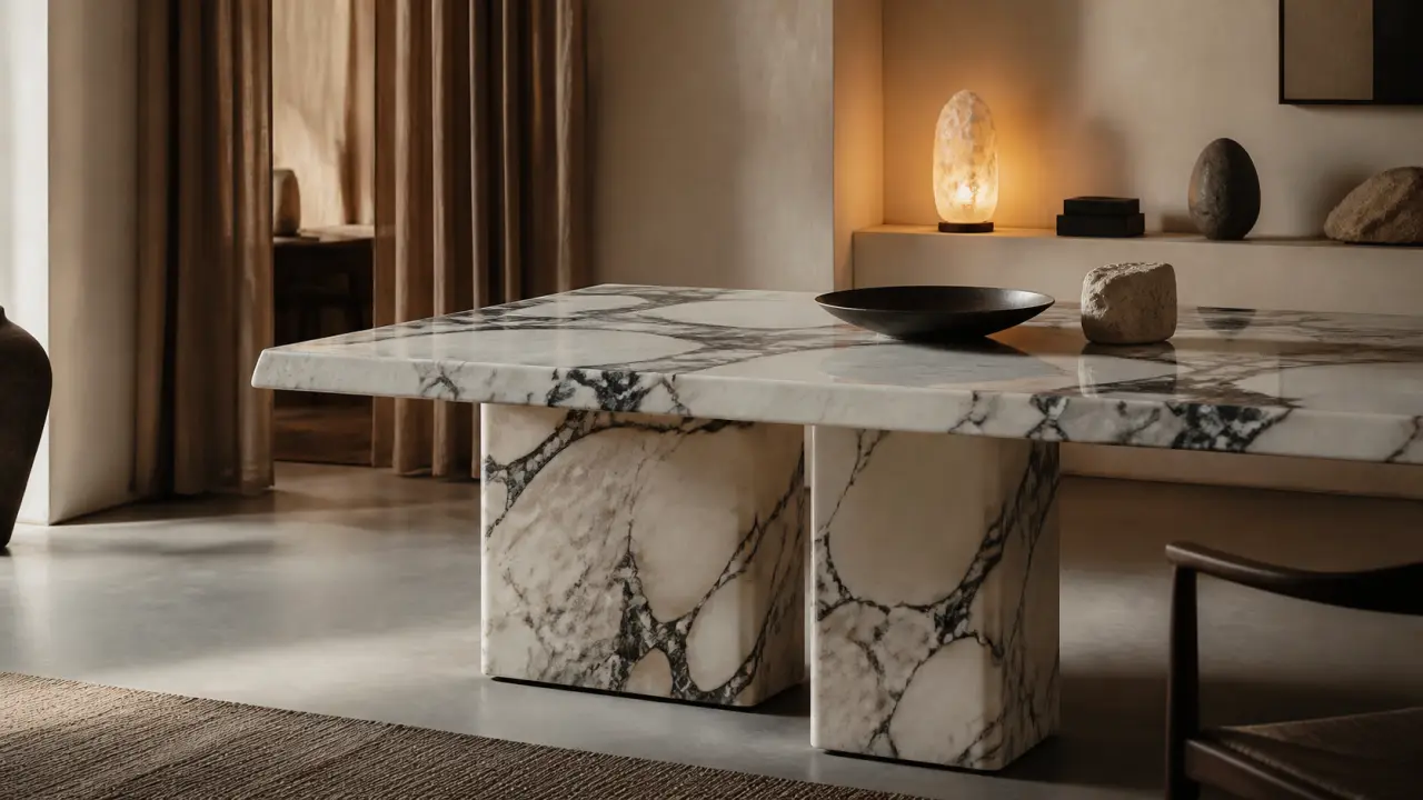 Intérieur luxueux avec table en marbre massif et lumière minérale
