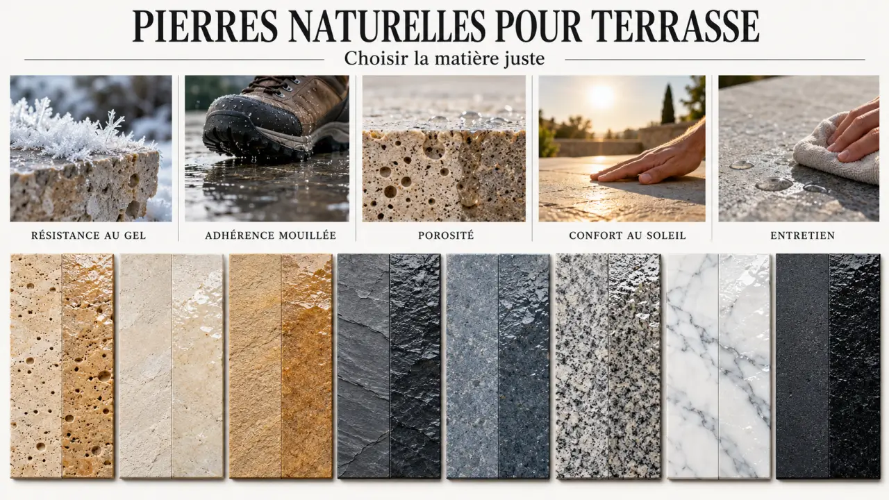 Pierres naturelles pour terrasse présentées selon leur texture, leur finition et leur comportement sur sol mouillé