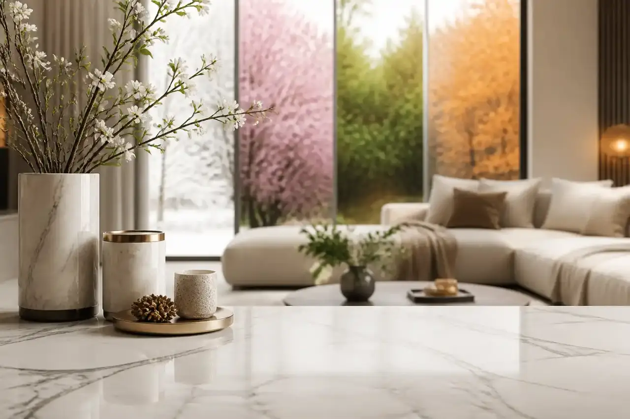 Salon luxueux avec table en marbre massif et lampes en sel, lumière minérale et atmosphère sophistiquée