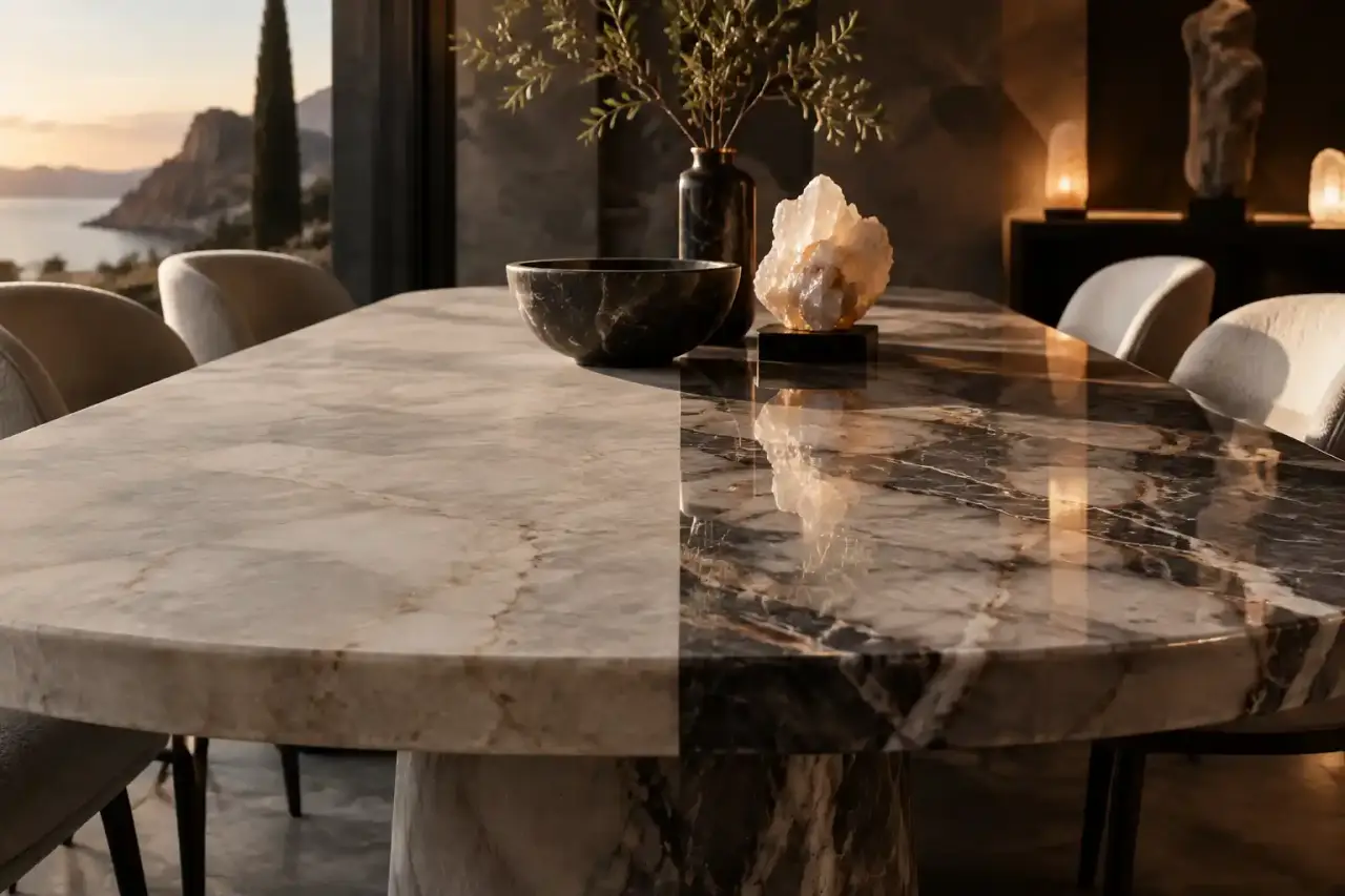 Table d’exception en marbre naturel dans un intérieur luxueux