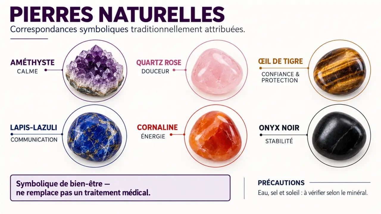 Vertus des pierres naturelles : correspondances symboliques de l’améthyste, du quartz rose, de l’œil de tigre et de la cornaline
