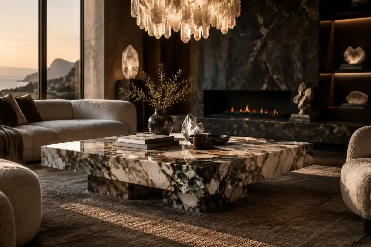 Table majestueuse en marbre de Carrare dans un salon contemporain et sombre