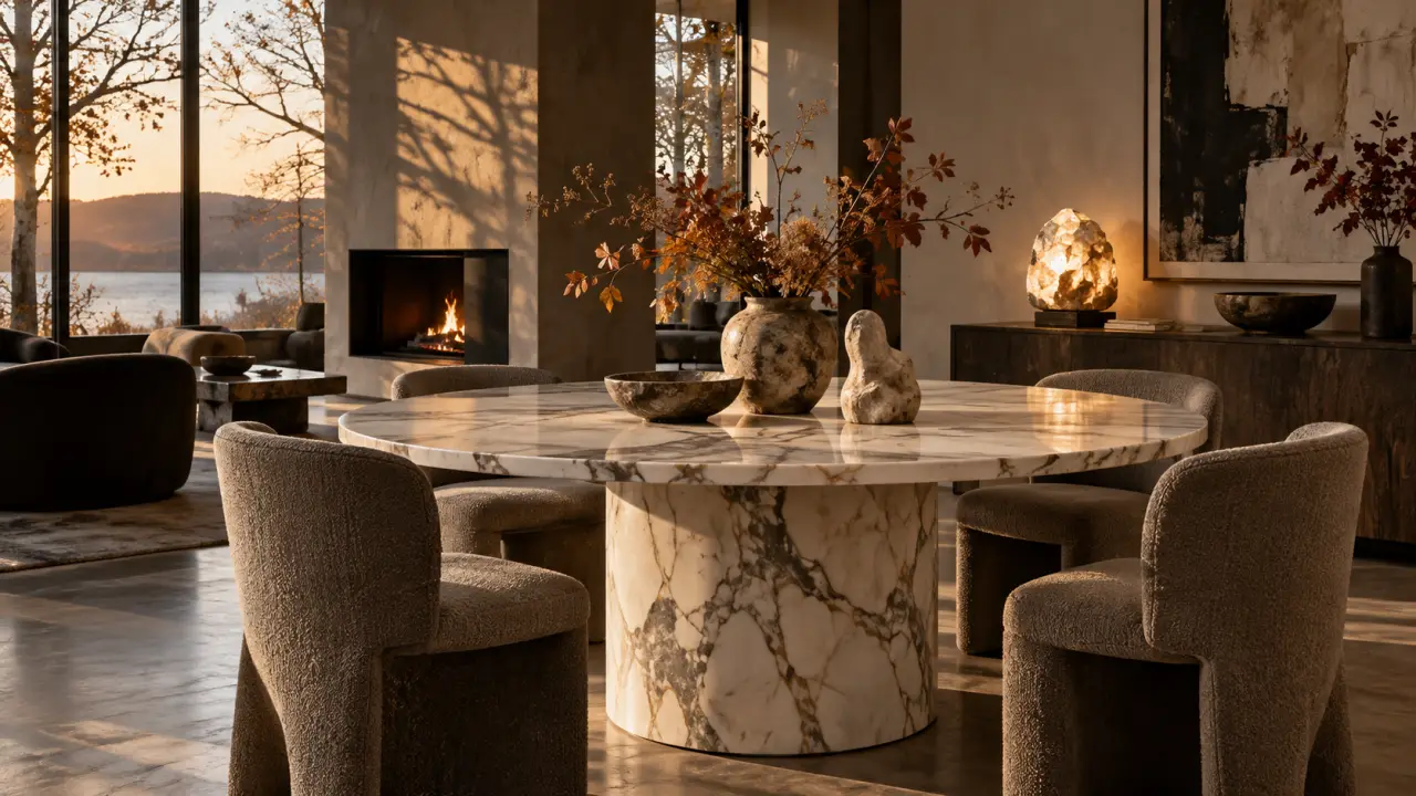 Table en marbre massif dans un intérieur élégant traversé par la lumière des saisons