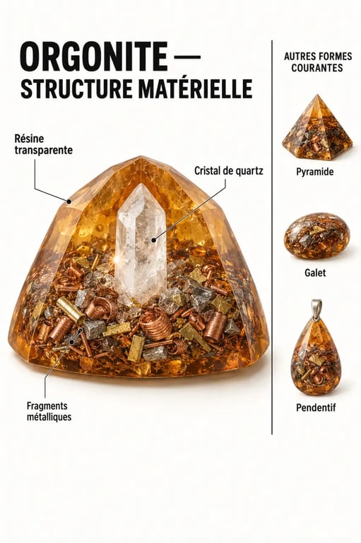 Schéma de la composition d’une orgonite avec résine, métaux et cristal