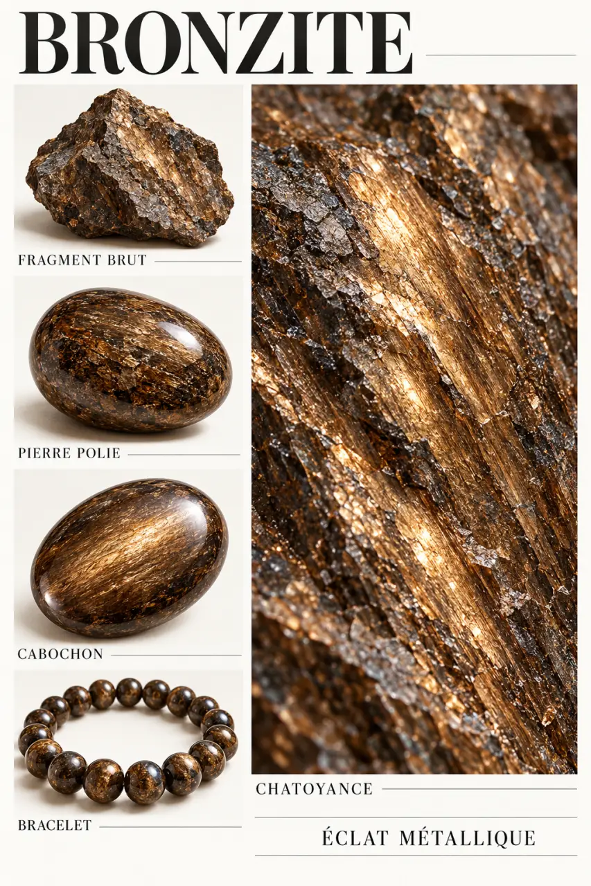 Bronzite brute, polie, en cabochon et en bracelet montrant ses reflets bronzés