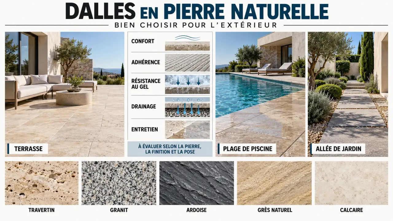 Dalles pierres naturelles extérieur : critères de choix pour terrasse, piscine et allée