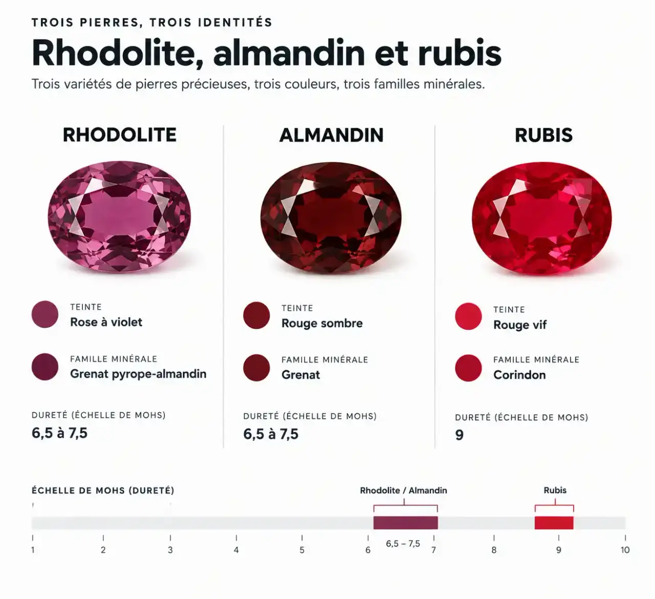 Rhodolite, almandin et rubis comparés par couleur, famille minérale et dureté de Mohs