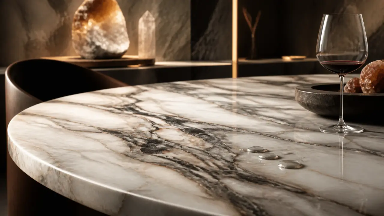 Table en marbre massif dans un intérieur luxueux avec lumière diffuse