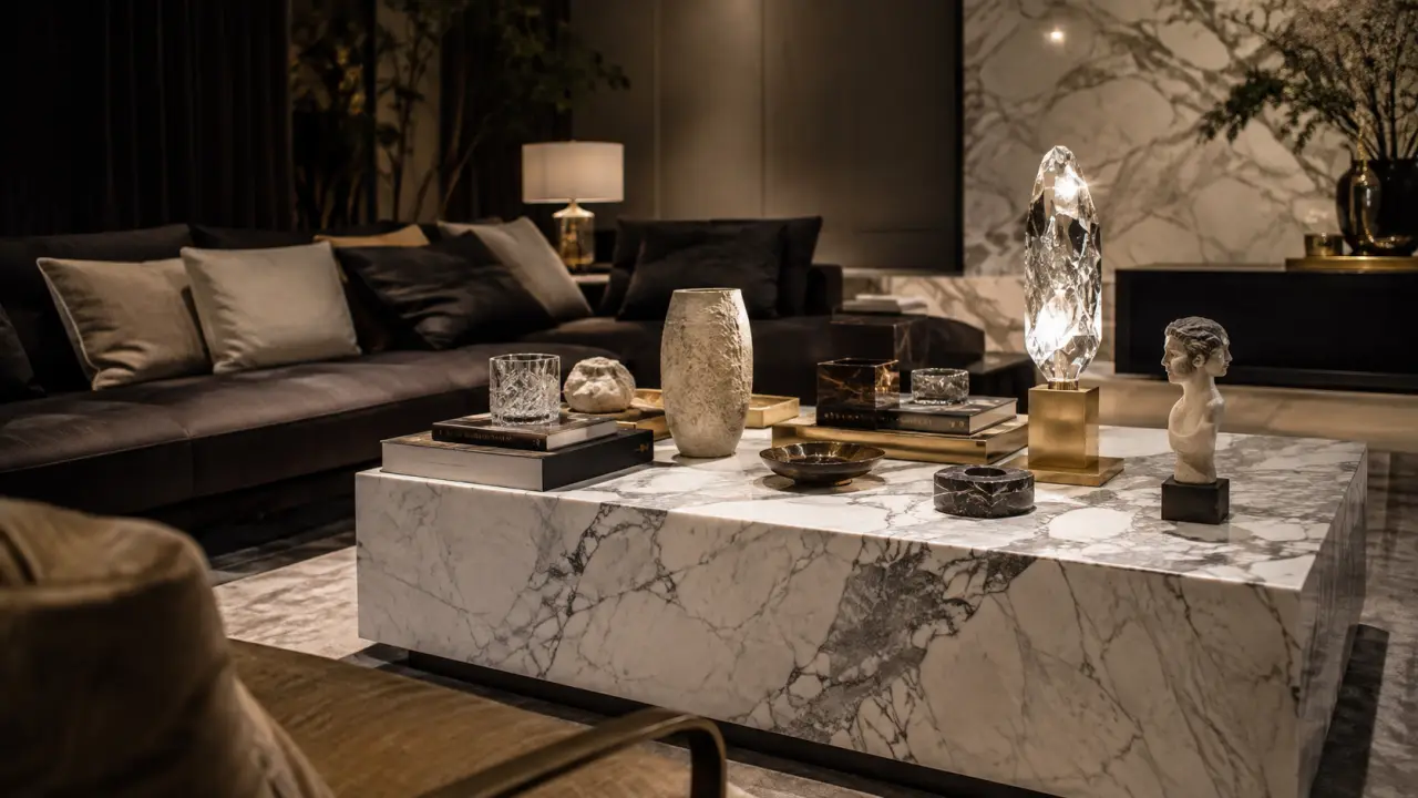 Intérieur chic avec table en marbre massif et lumière minérale