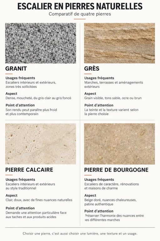 Infographie comparative des pierres naturelles pour un escalier en pierres naturelles