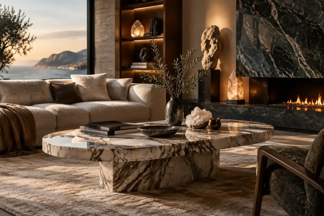 Salon contemporain avec une table en marbre massif et une lumière chaleureuse
