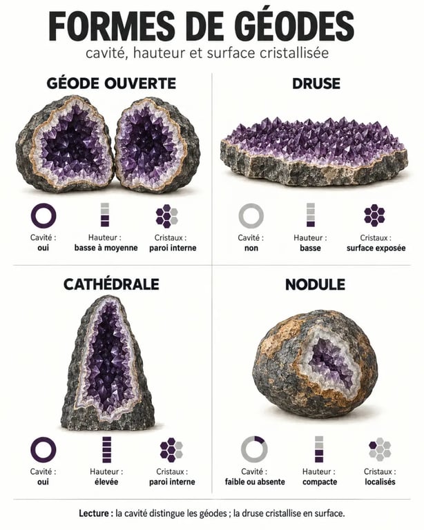 Infographie des formes de géode pierre : géode, druse, cathédrale et nodule