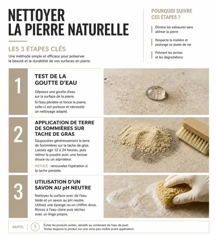 Infographie des étapes pour nettoyer la pierre naturelle et entretenir son revêtement