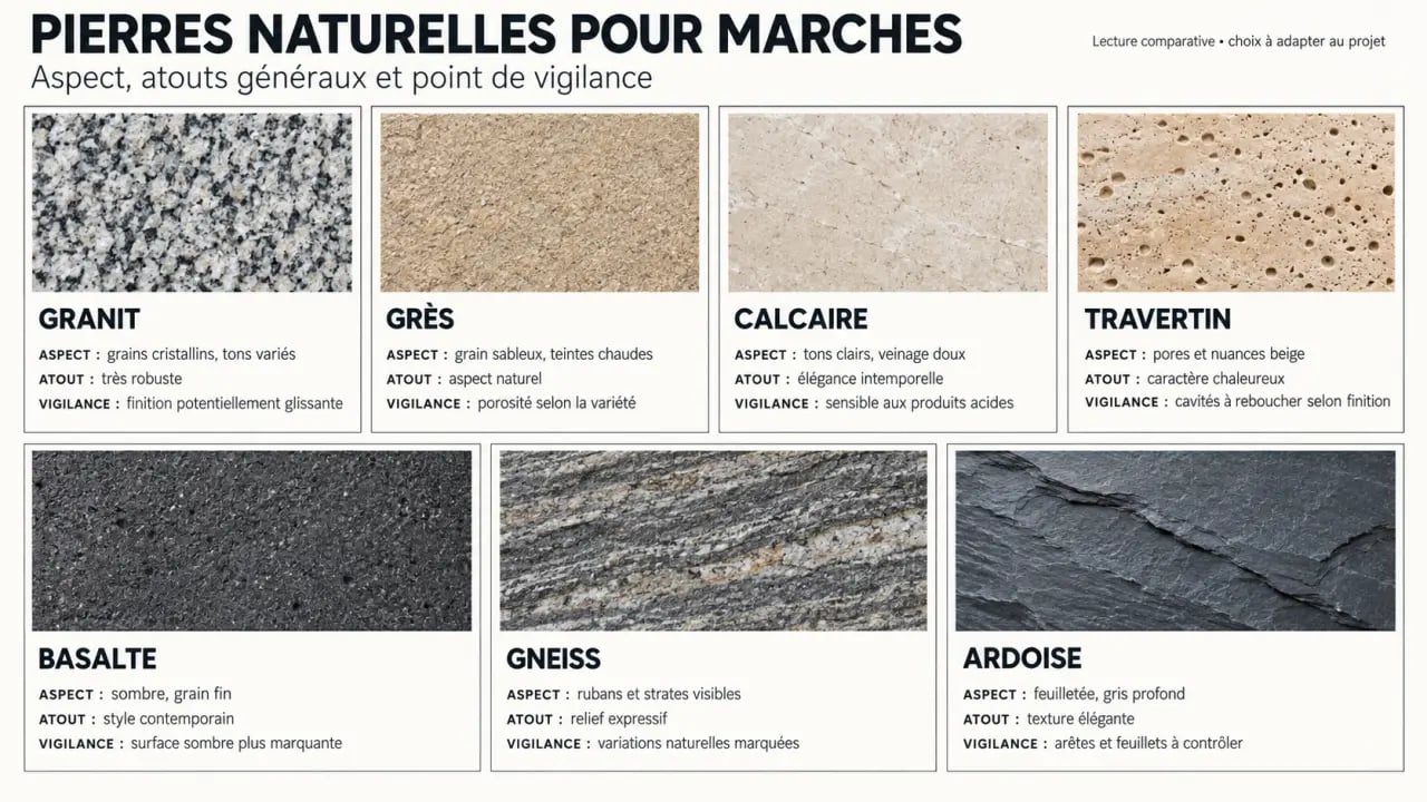Marches pierres naturelles : comparaison visuelle du granit, grès, calcaire, travertin, basalte, gneiss et ardoise