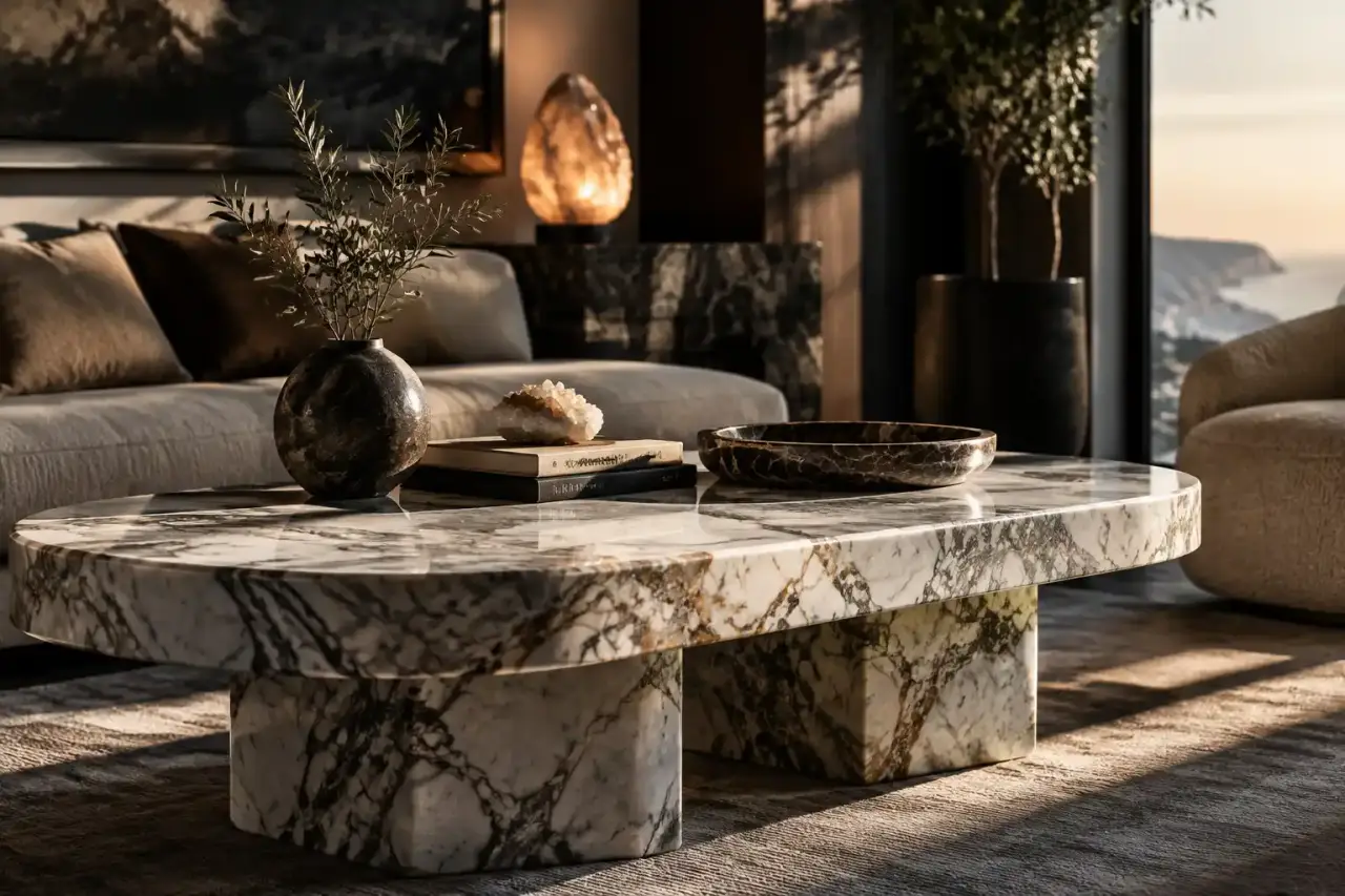 Table en marbre massif dans un intérieur contemporain et élégant