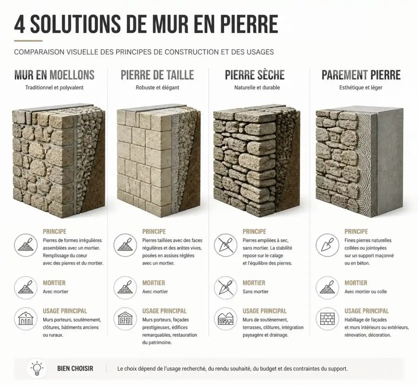 Infographie des différents types de mur pierre : moellons, pierre de taille, pierre sèche et parement