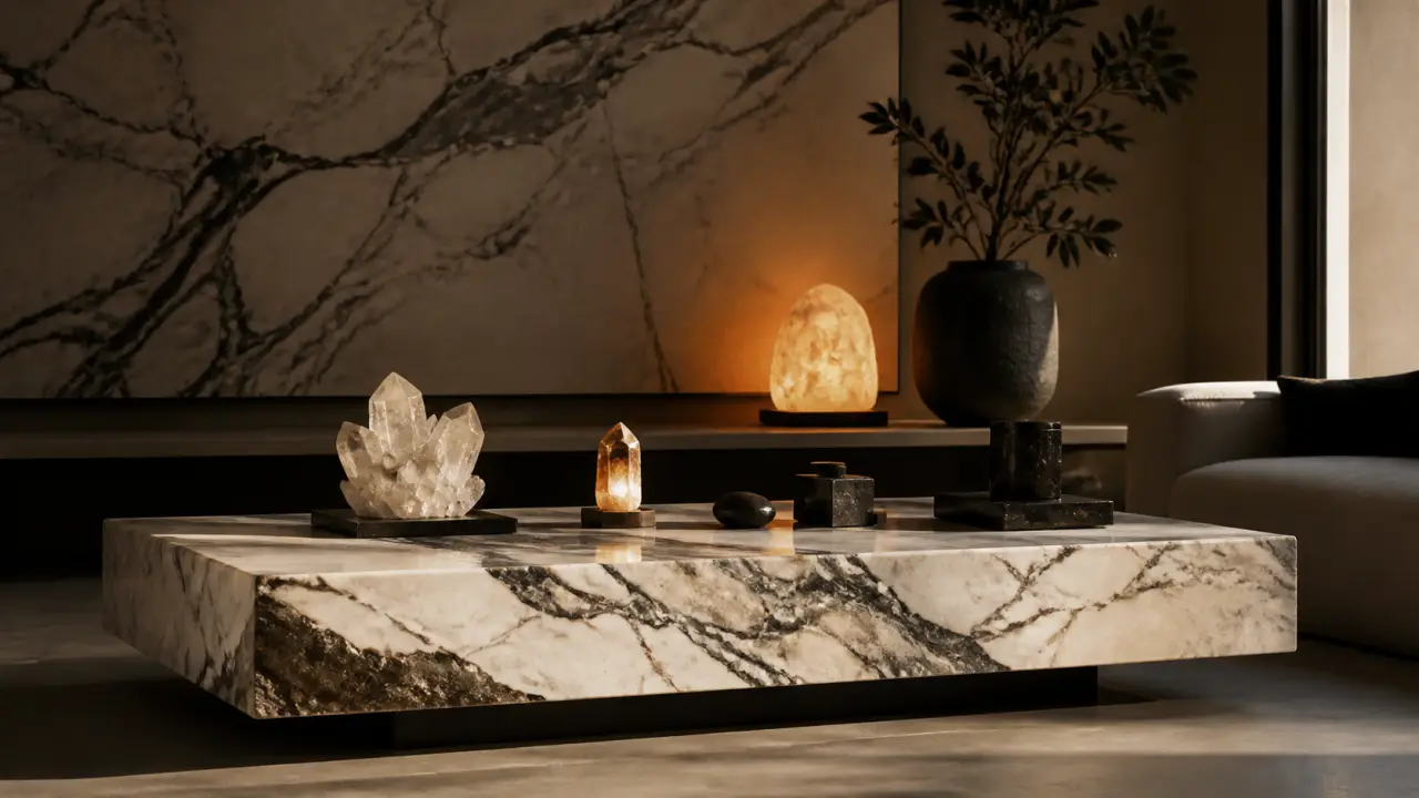 Salon moderne avec table en marbre massif et lampes en sel, ambiance luxueuse et lumineuse