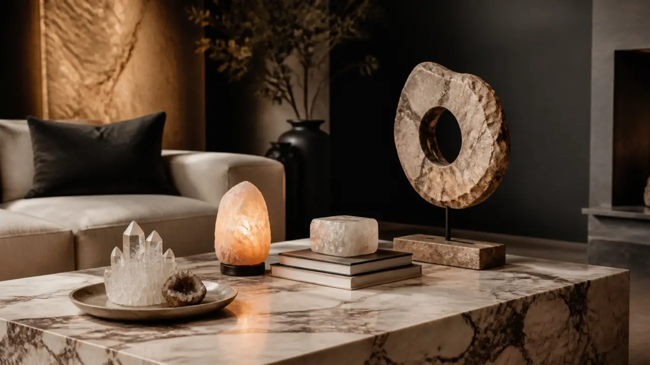 Décor minéral luxueux mêlant marbre et cristaux