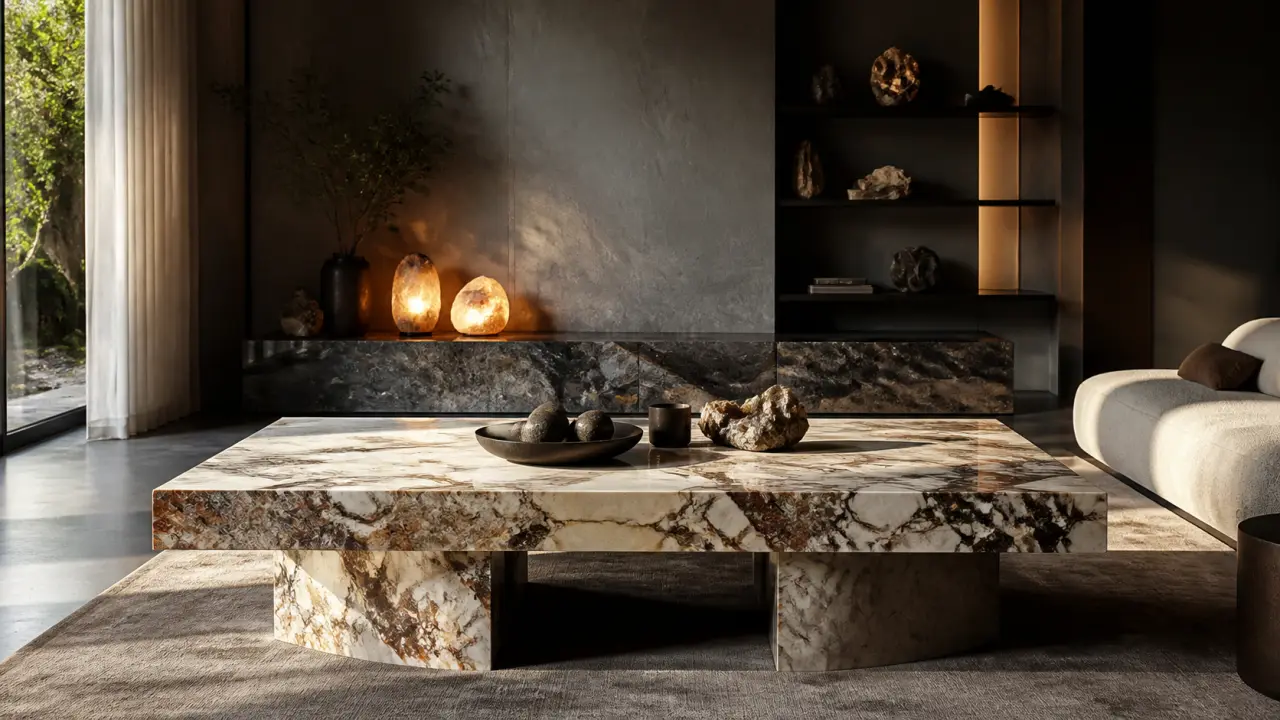 Table en marbre massif dans un intérieur luxueux