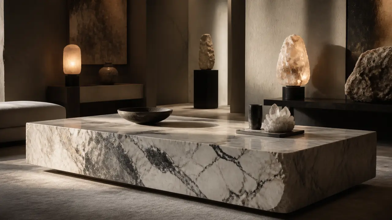 Table en marbre massif dans un salon luxueux avec éclairages en sel minéral