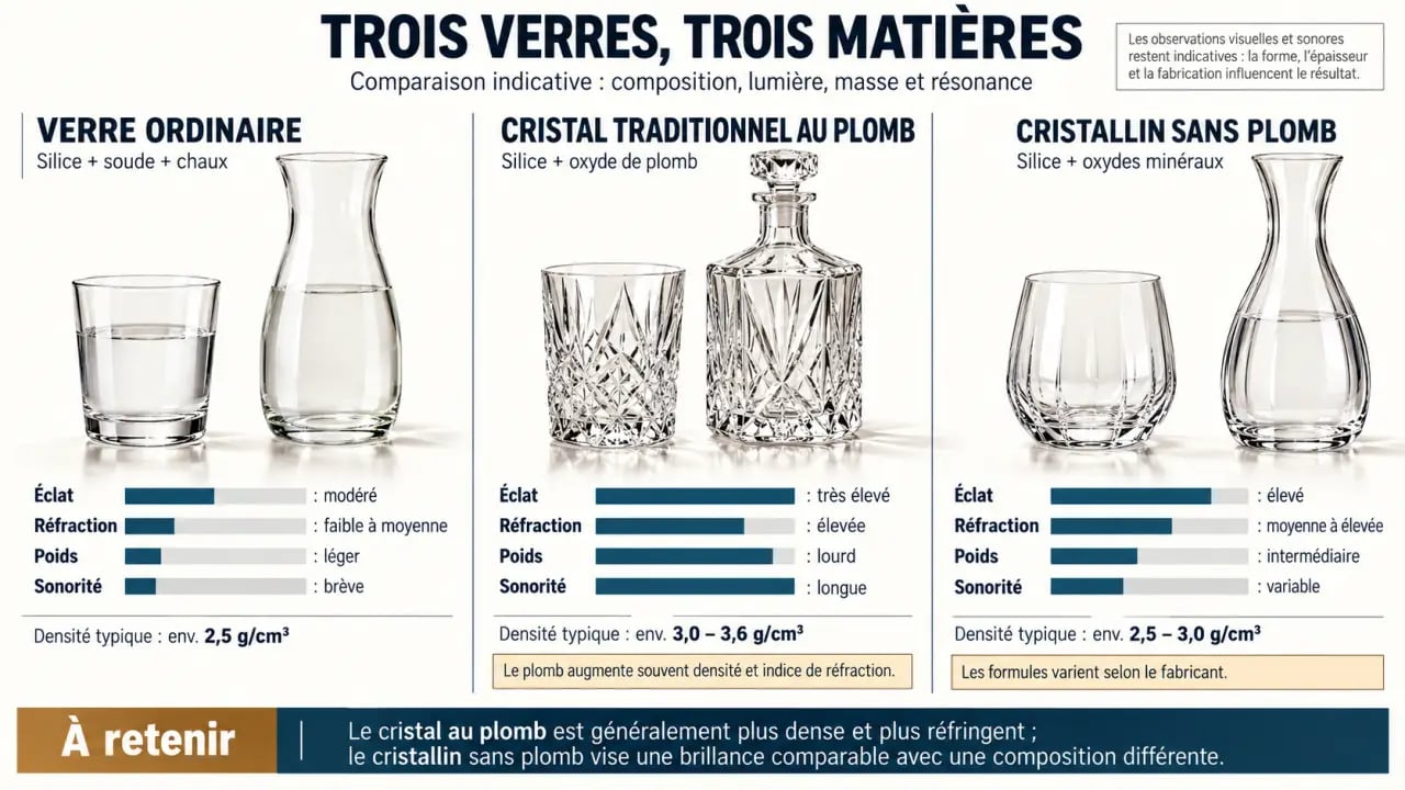 Différence entre verre et cristal : comparaison visuelle du verre ordinaire, du cristal au plomb et du cristallin