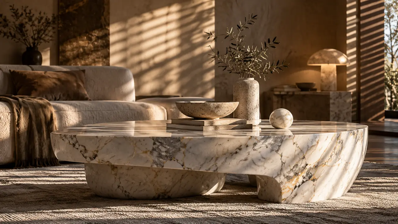 Table en marbre massif aux veines naturelles dans un intérieur haut de gamme