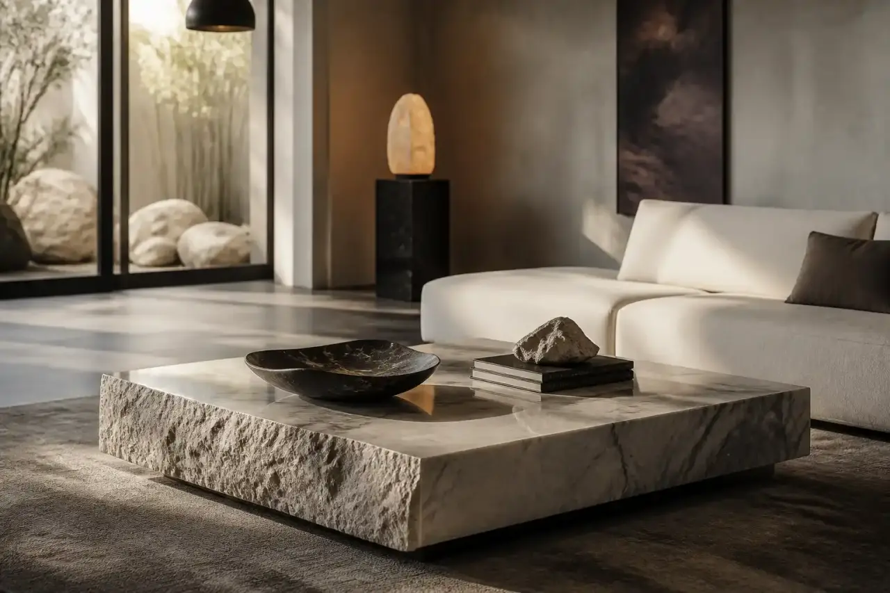 Table en marbre brut aux nervures dramatiques dans un salon luxueux