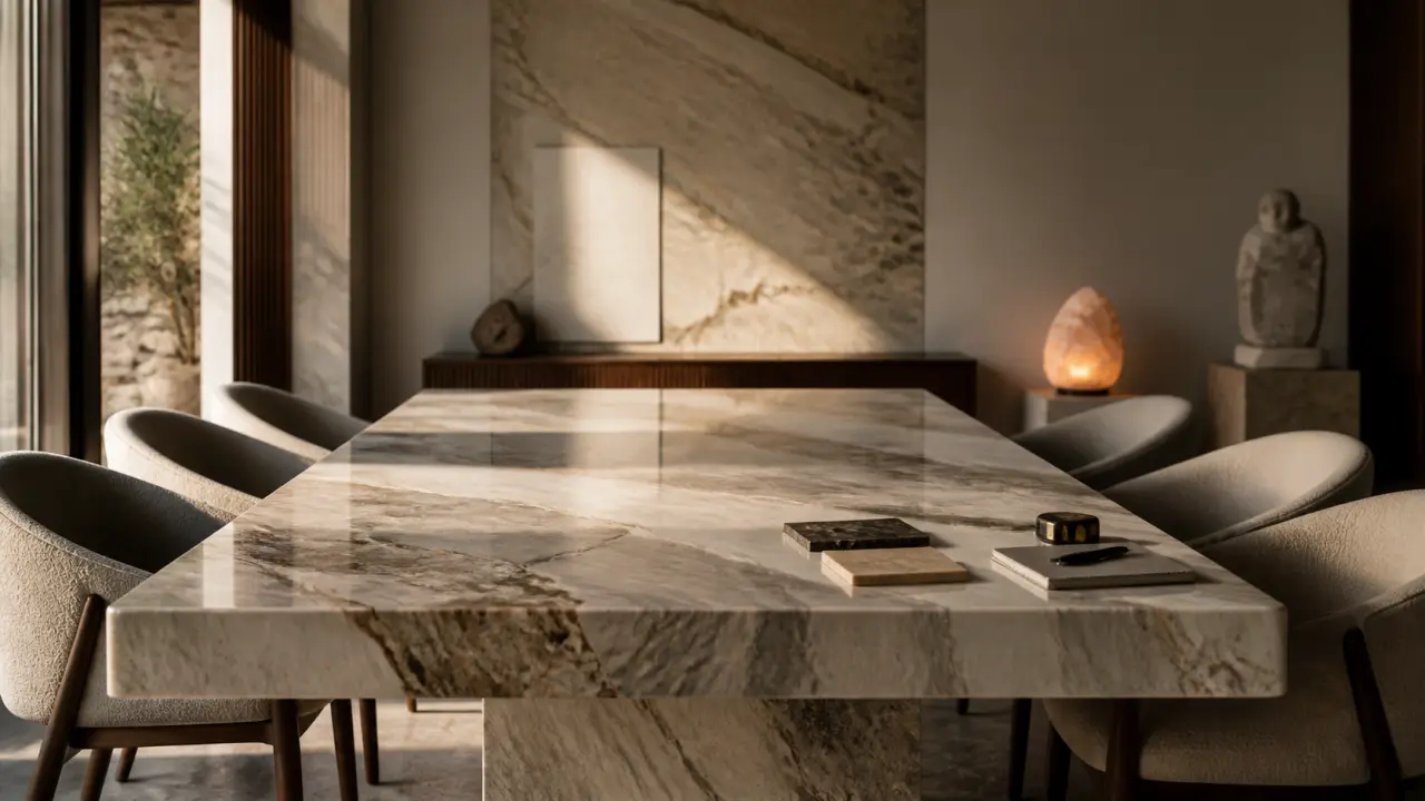 Table en marbre massif dans un intérieur luxueux